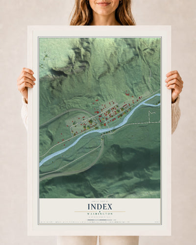 Map of Index, Washington, 24 x 36 inch print in a white wood frame
