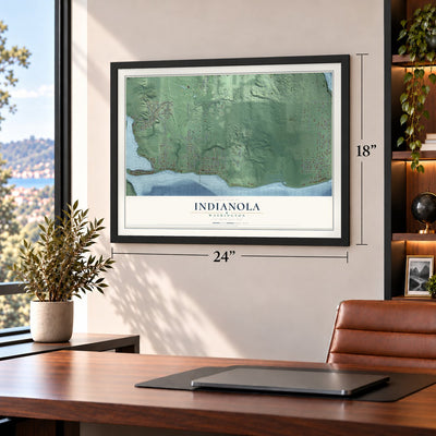Indianola, Washington map, 18 x 24 inch print in a black frame in a home office