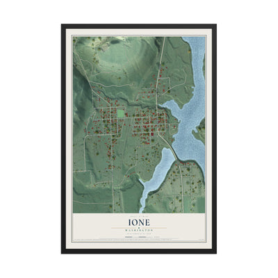Map of Ione, Washington, 12 x 18 inch print in a black wood frame