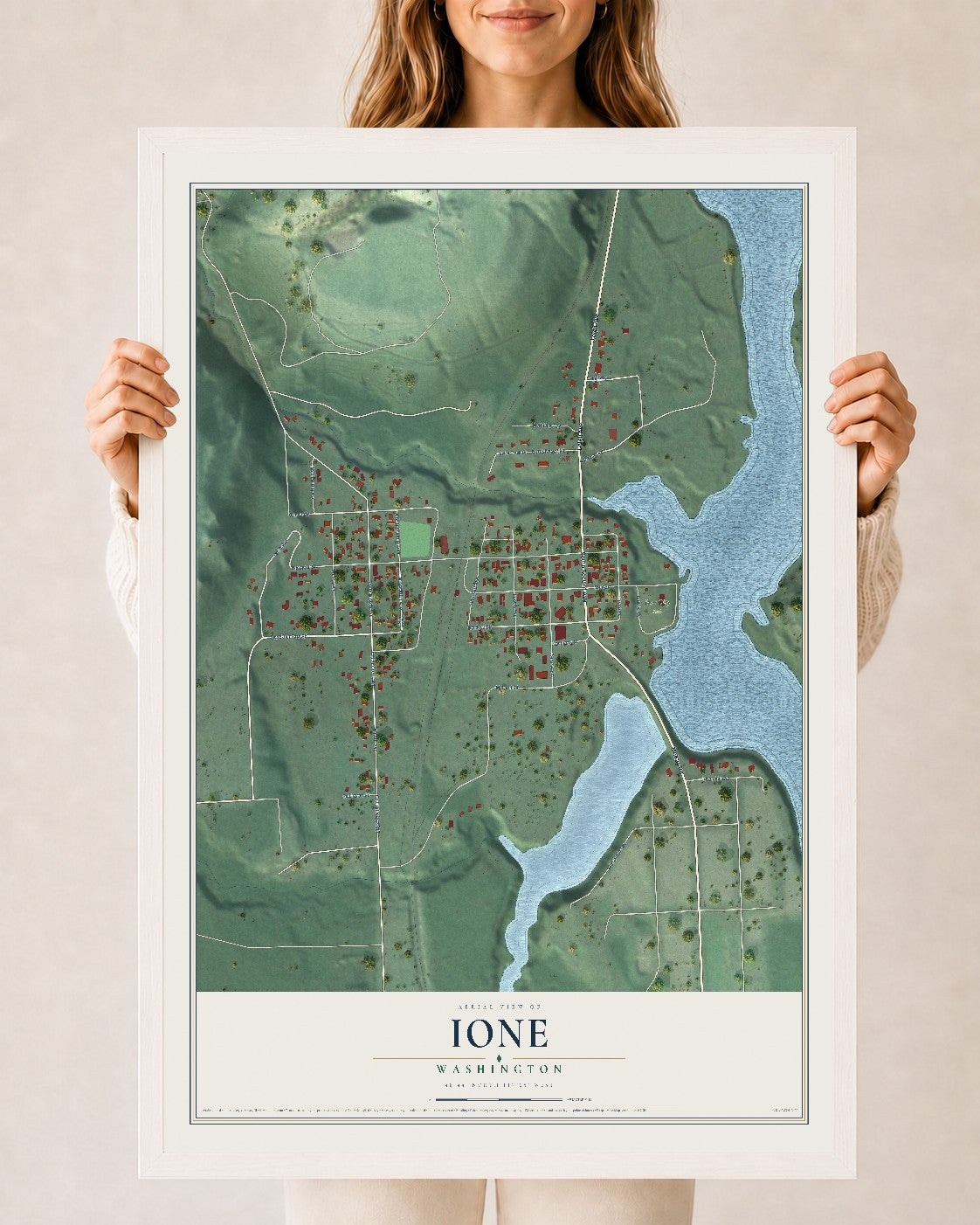 Map of Ione, Washington, 24 x 36 inch print in a white wood frame