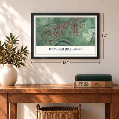 Issaquah Highlands, Washington map, 12 x 18 inch print in a black frame in an entryway