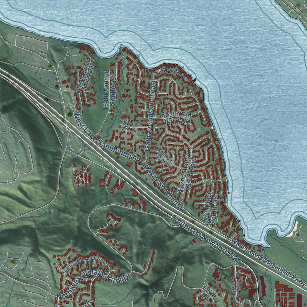 Second close-up of the map of Issaquah, Washington print showing more streets and buildings