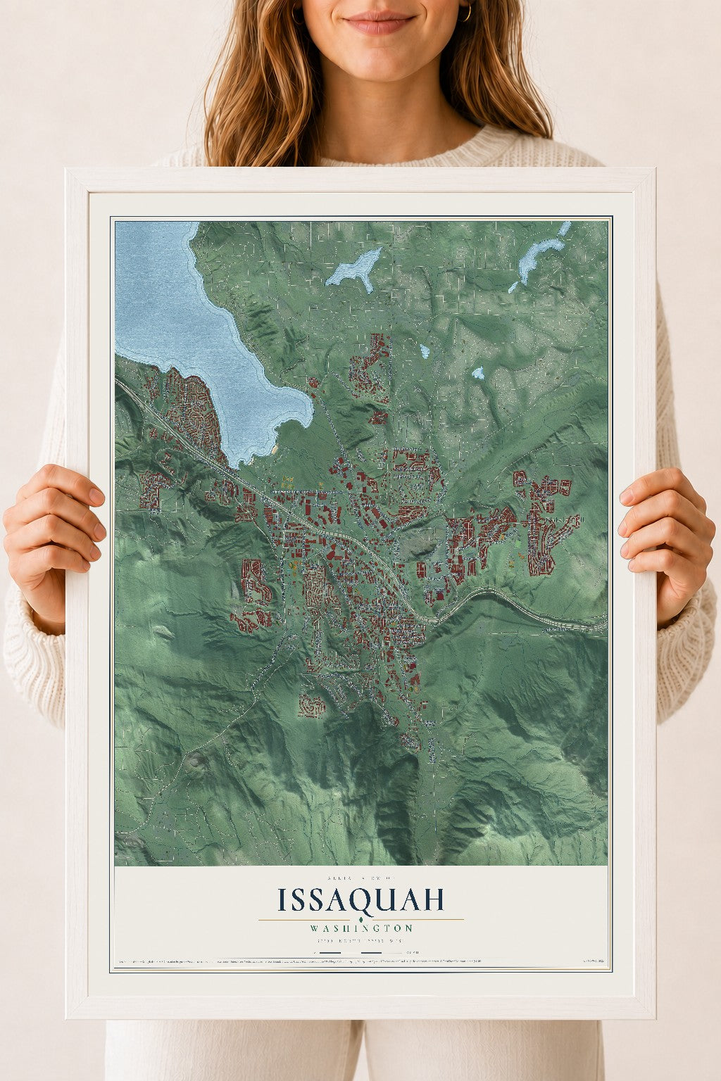 Map of Issaquah, Washington, 18 x 24 inch print in a white wood frame