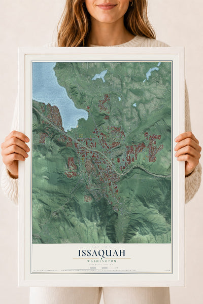 Map of Issaquah, Washington, 18 x 24 inch print in a white wood frame