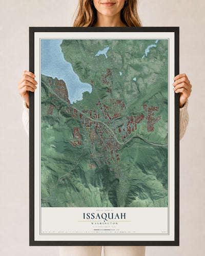 Map of Issaquah, Washington, 24 x 36 inch print in a black wood frame