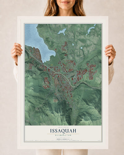 Map of Issaquah, Washington, 24 x 36 inch print in a white wood frame
