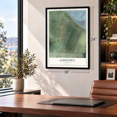 Jamestown, Washington map, 18 x 24 inch print in a black frame in a home office