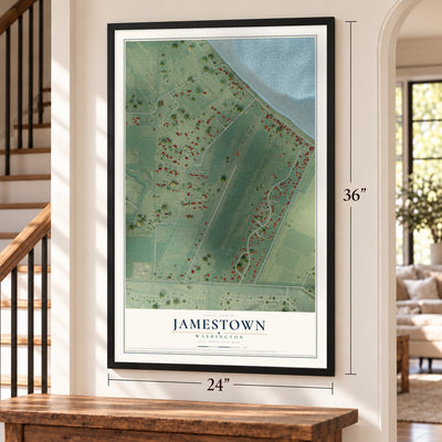 Jamestown, Washington map, 24 x 36 inch print in a black frame by a staircase