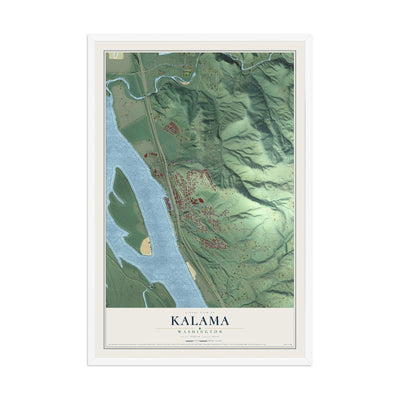 Map of Kalama, Washington, 12 x 18 inch print in a white wood frame