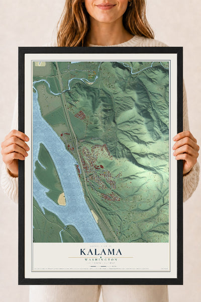 Map of Kalama, Washington, 18 x 24 inch print in a black wood frame