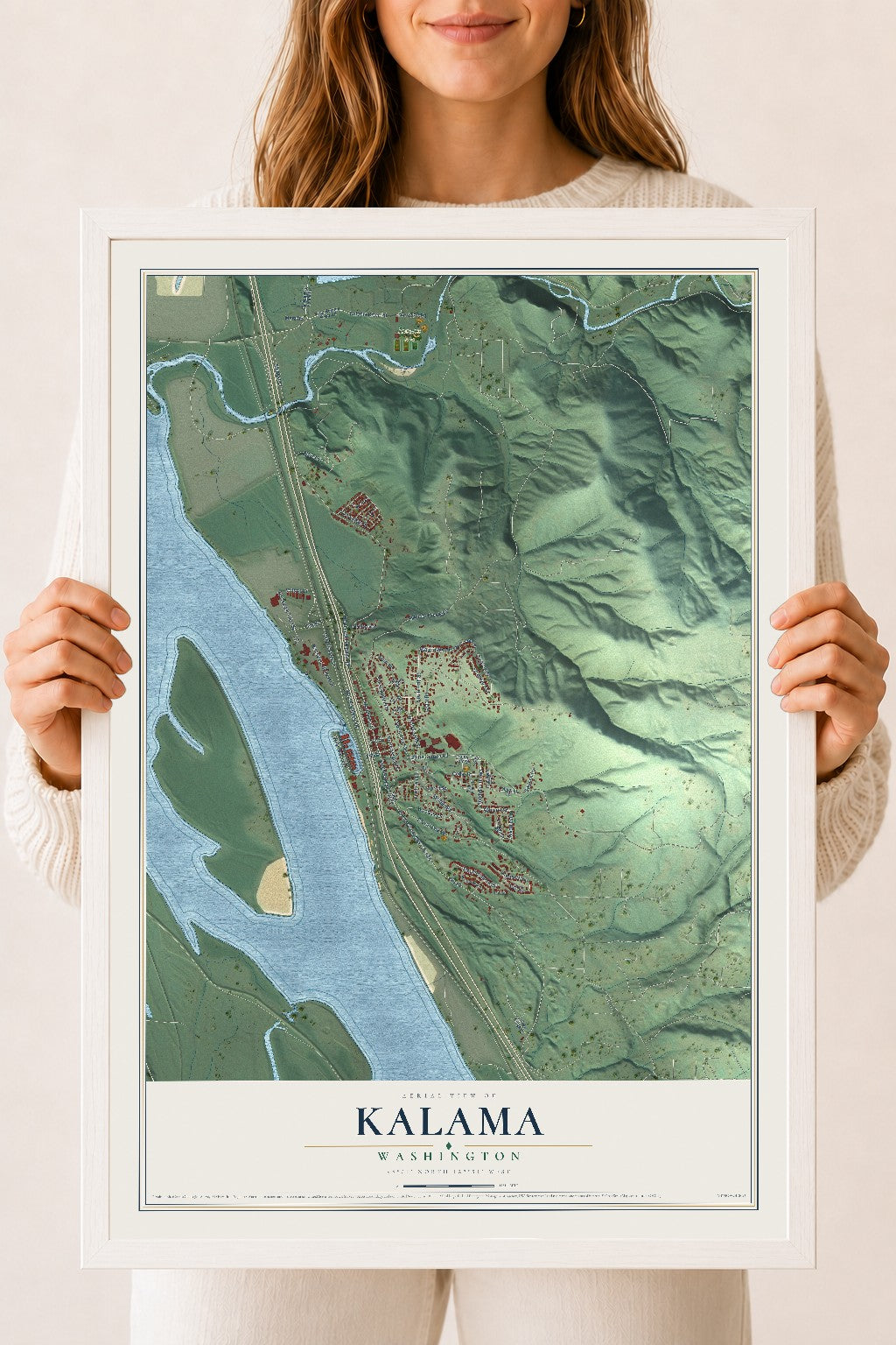 Map of Kalama, Washington, 18 x 24 inch print in a white wood frame