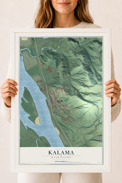 Map of Kalama, Washington, 18 x 24 inch print in a white wood frame
