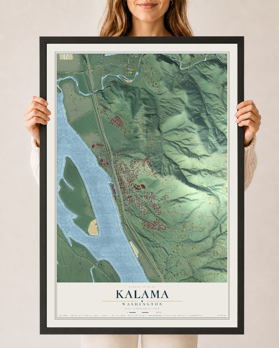 Map of Kalama, Washington, 24 x 36 inch print in a black wood frame