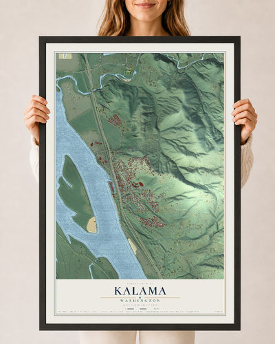 Map of Kalama, Washington, 24 x 36 inch print in a black wood frame