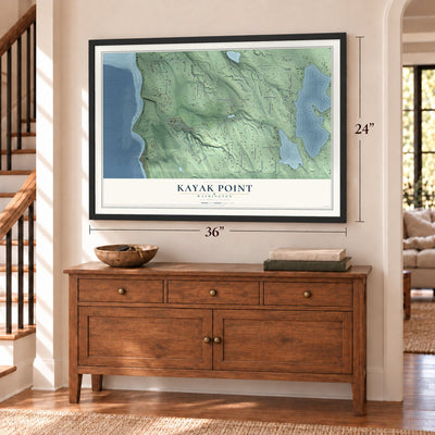 Kayak Point, Washington map, 24 x 36 inch print in a black frame above a dresser by a staircase