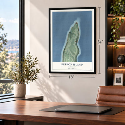 Ketron Island, Washington map, 18 x 24 inch print in a black frame in a home office
