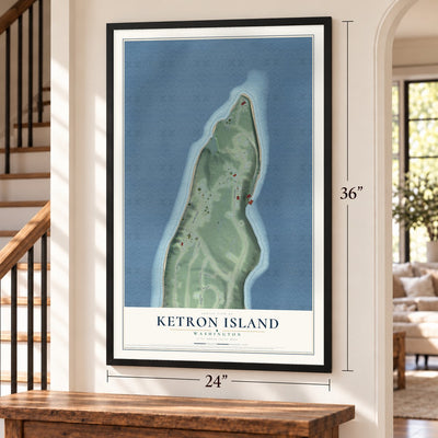 Ketron Island, Washington map, 24 x 36 inch print in a black frame by a staircase