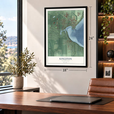 Kingston, Washington map, 18 x 24 inch print in a black frame in a home office
