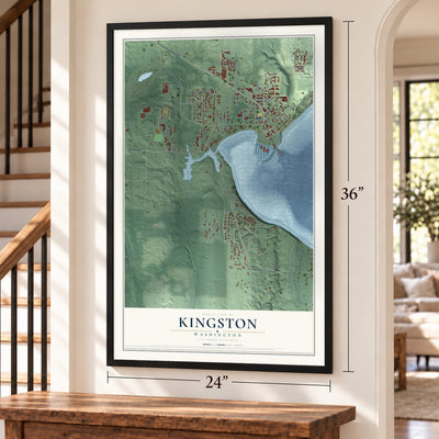 Kingston, Washington map, 24 x 36 inch print in a black frame by a staircase