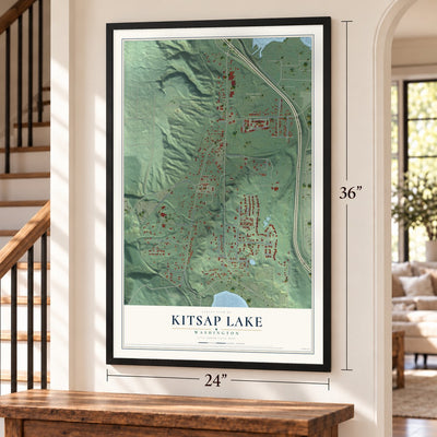 Kitsap Lake, Washington map, 24 x 36 inch print in a black frame by a staircase