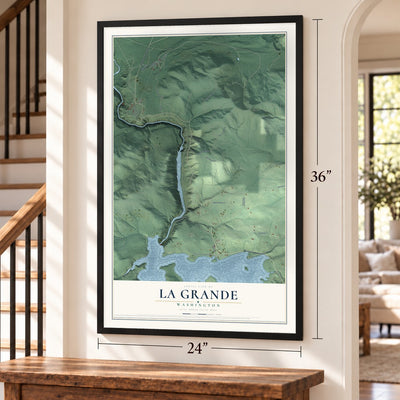 La Grande, Washington map, 24 x 36 inch print in a black frame by a staircase