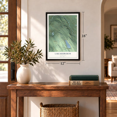 Lake Bosworth, Washington map, 12 x 18 inch print in a black frame in an entryway