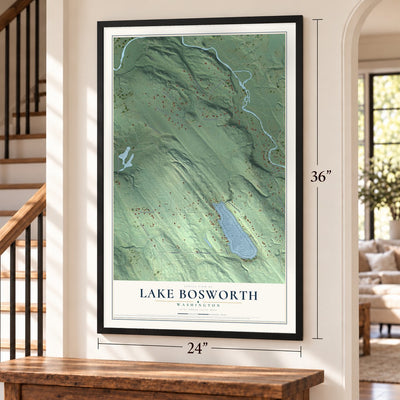 Lake Bosworth, Washington map, 24 x 36 inch print in a black frame by a staircase