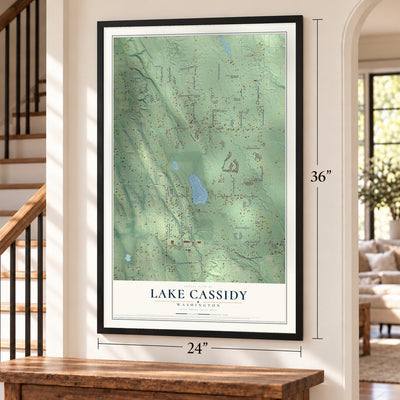 Lake Cassidy, Washington map, 24 x 36 inch print in a black frame by a staircase