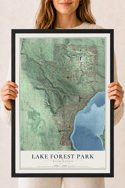 Map of Lake Forest Park, Washington, 18 x 24 inch print in a black wood frame