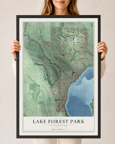 Map of Lake Forest Park, Washington, 24 x 36 inch print in a black wood frame