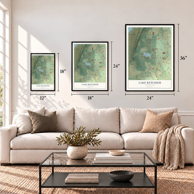 Lake Ketchum, Washington map in 12 x 18, 18 x 24 and 24 x 36 inch sizes above a sofa