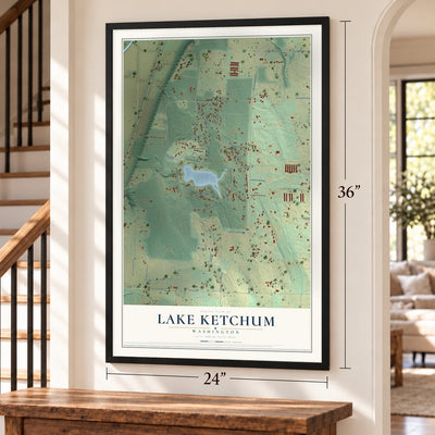 Lake Ketchum, Washington map, 24 x 36 inch print in a black frame by a staircase