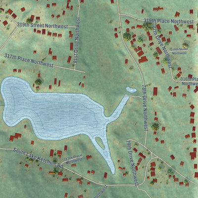 Close-up of the map of Lake Ketchum, Washington print showing street and building detail