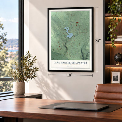 Lake Marcel-Stillwater, Washington map, 18 x 24 inch print in a black frame in a home office