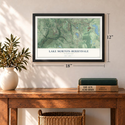 Lake Morton-Berrydale, Washington map, 12 x 18 inch print in a black frame in an entryway