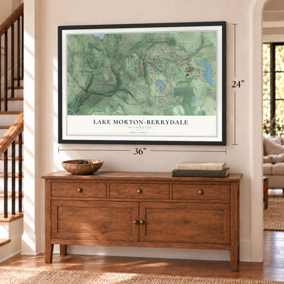 Lake Morton-Berrydale, Washington map, 24 x 36 inch print in a black frame above a dresser by a staircase