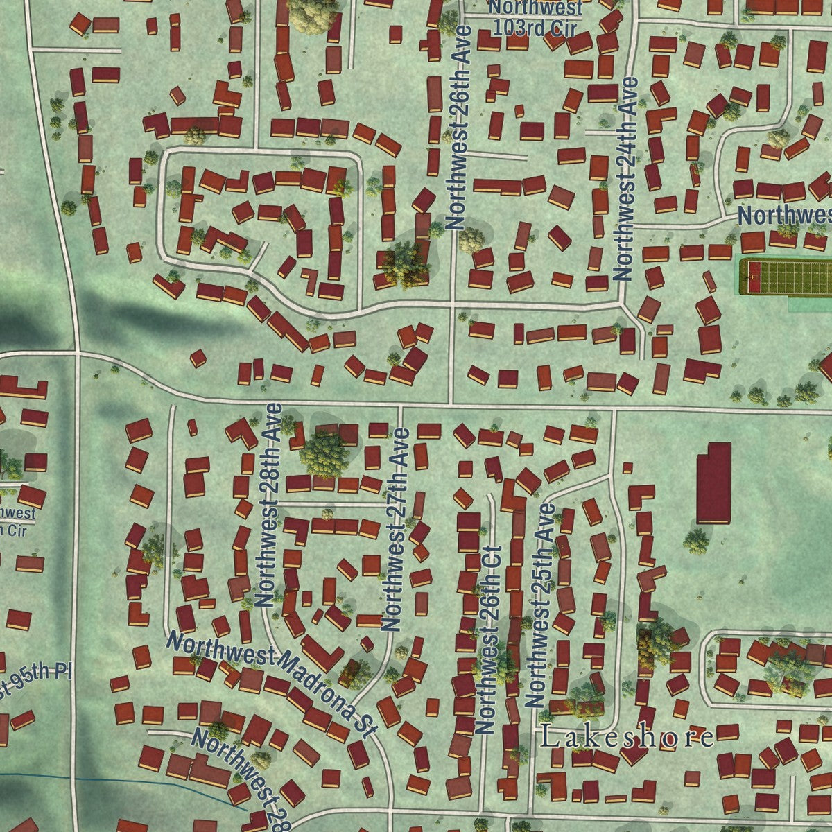 Second close-up of the map of Lake Shore, Washington print showing more streets and buildings