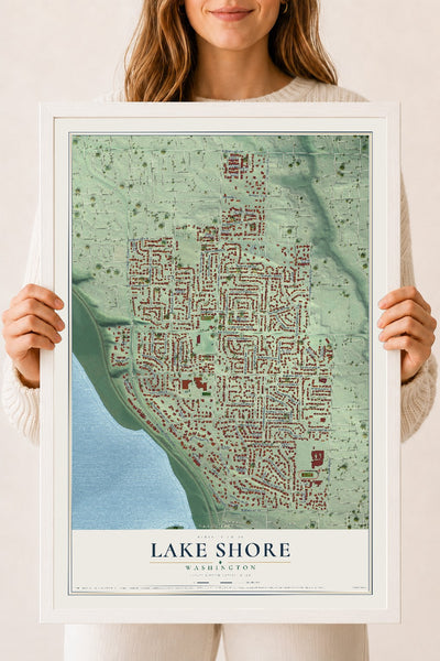 Map of Lake Shore, Washington, 18 x 24 inch print in a white wood frame