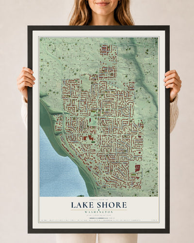 Map of Lake Shore, Washington, 24 x 36 inch print in a black wood frame