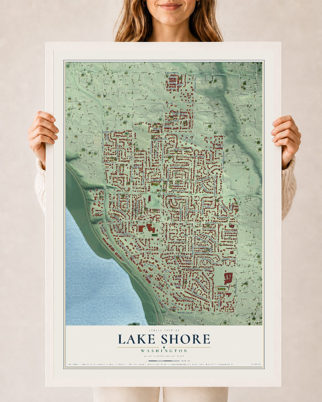 Map of Lake Shore, Washington, 24 x 36 inch print in a white wood frame