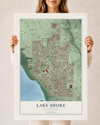 Map of Lake Shore, Washington, 24 x 36 inch print in a white wood frame