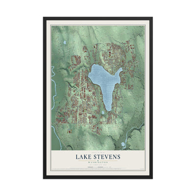 Map of Lake Stevens, Washington, 12 x 18 inch print in a black wood frame