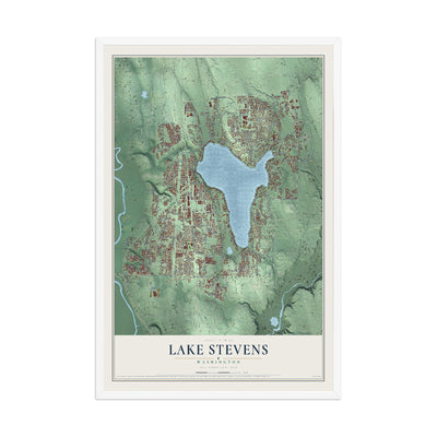 Map of Lake Stevens, Washington, 12 x 18 inch print in a white wood frame