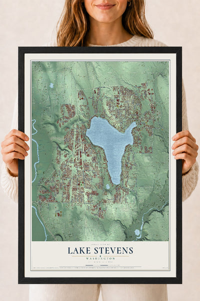 Map of Lake Stevens, Washington, 18 x 24 inch print in a black wood frame