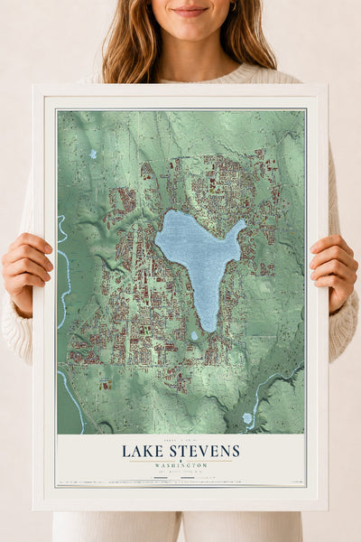 Map of Lake Stevens, Washington, 18 x 24 inch print in a white wood frame