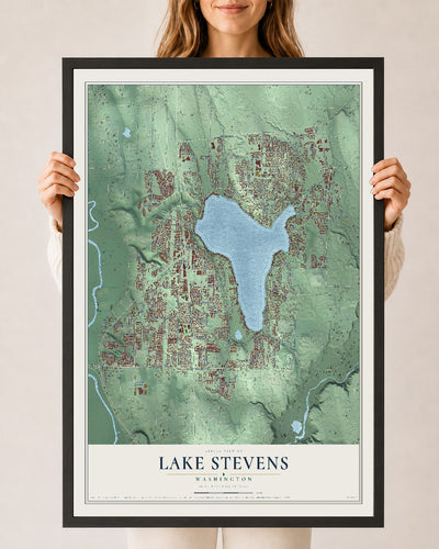 Map of Lake Stevens, Washington, 24 x 36 inch print in a black wood frame