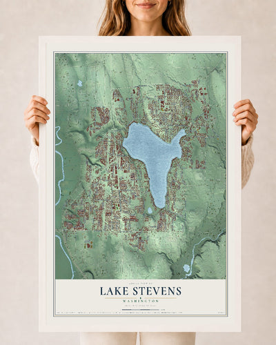 Map of Lake Stevens, Washington, 24 x 36 inch print in a white wood frame