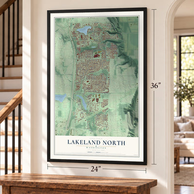 Lakeland North, Washington map, 24 x 36 inch print in a black frame by a staircase