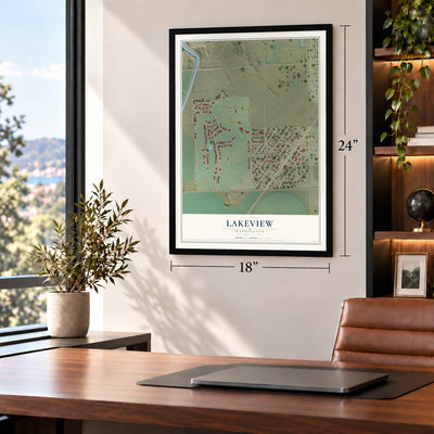 Lakeview, Washington map, 18 x 24 inch print in a black frame in a home office