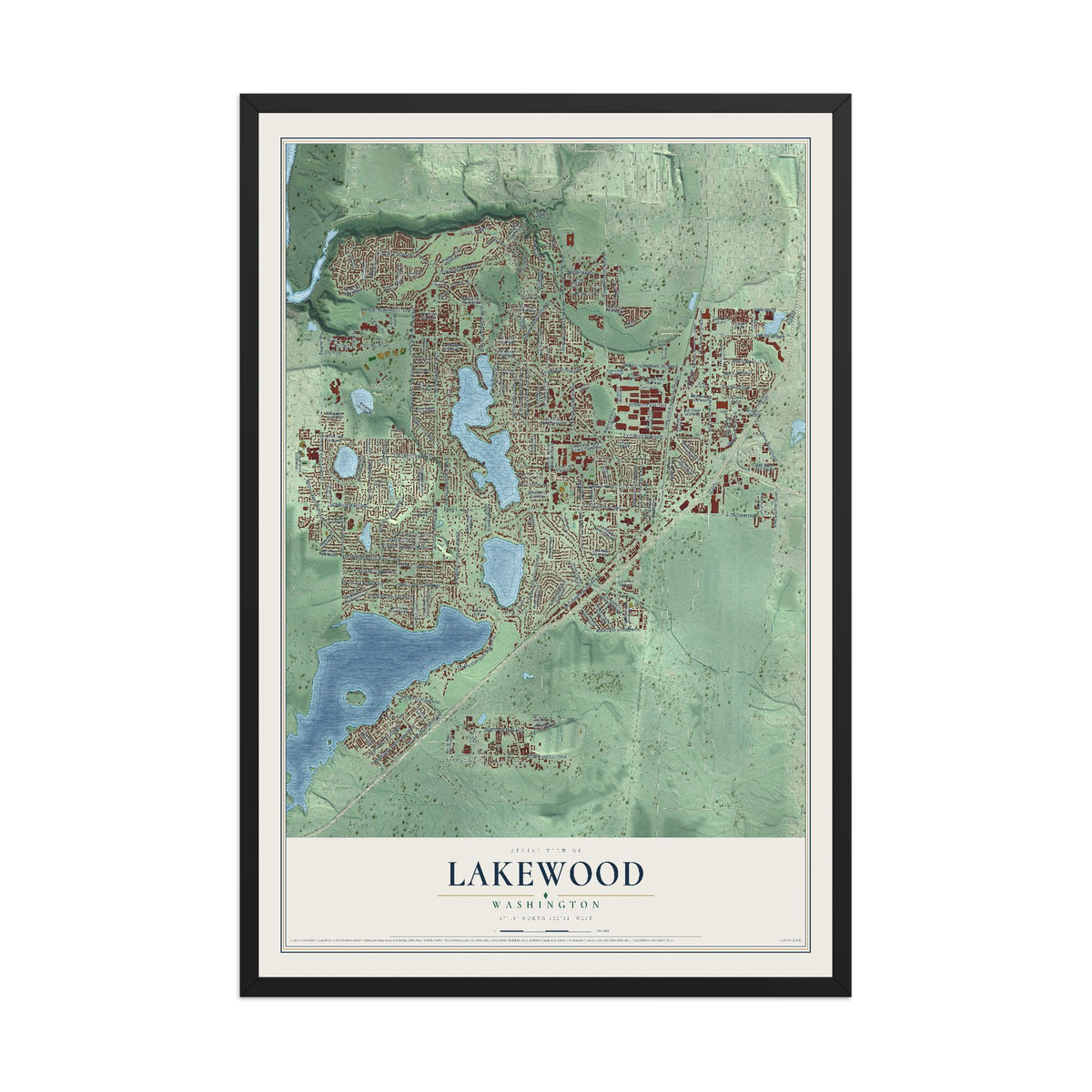 Map of Lakewood, Washington, 12 x 18 inch print in a black wood frame